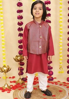 Maroon Printed Blended Kurta Set For Boys