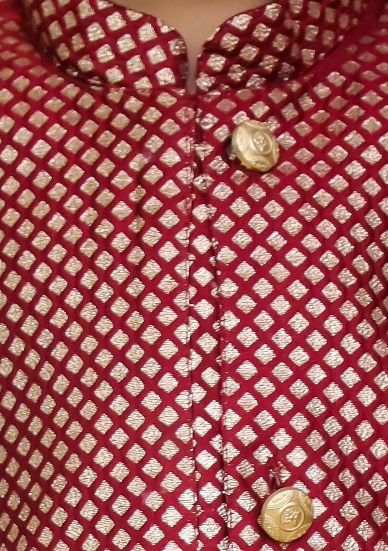 Maroon Printed Blended Kurta Set For Boys - Indya