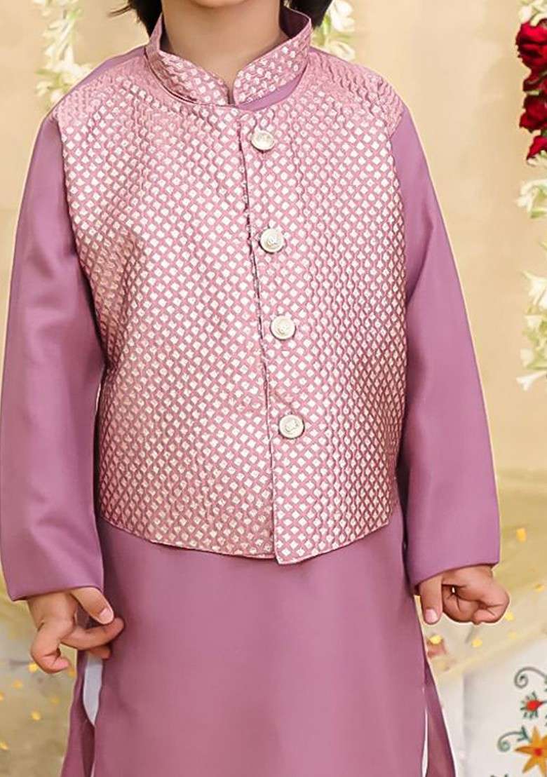 Lavender Printed Blended Kurta Set For Boys - Indya