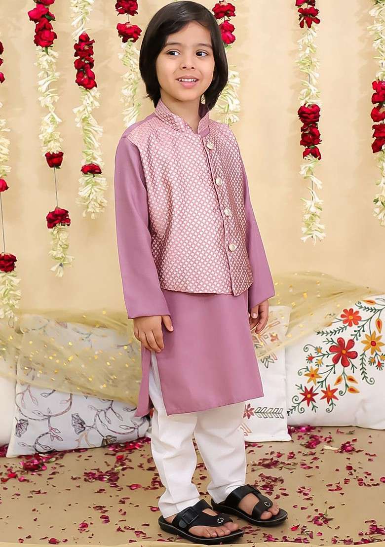 Lavender Printed Blended Kurta Set For Boys - Indya
