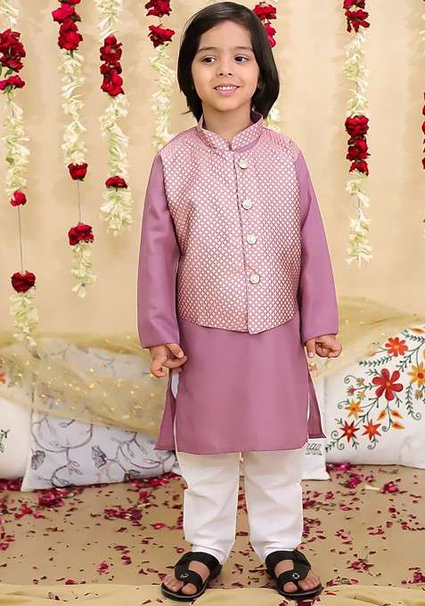 Lavender Printed Blended Kurta Set For Boys