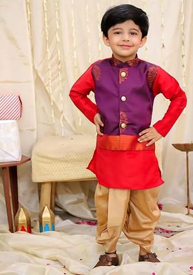 Purple Embroidered Blended Kurta Dhoti Set For Boys