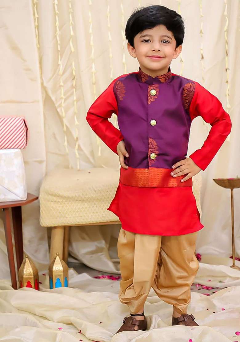 Purple Embroidered Blended Kurta Dhoti Set For Boys - Indya