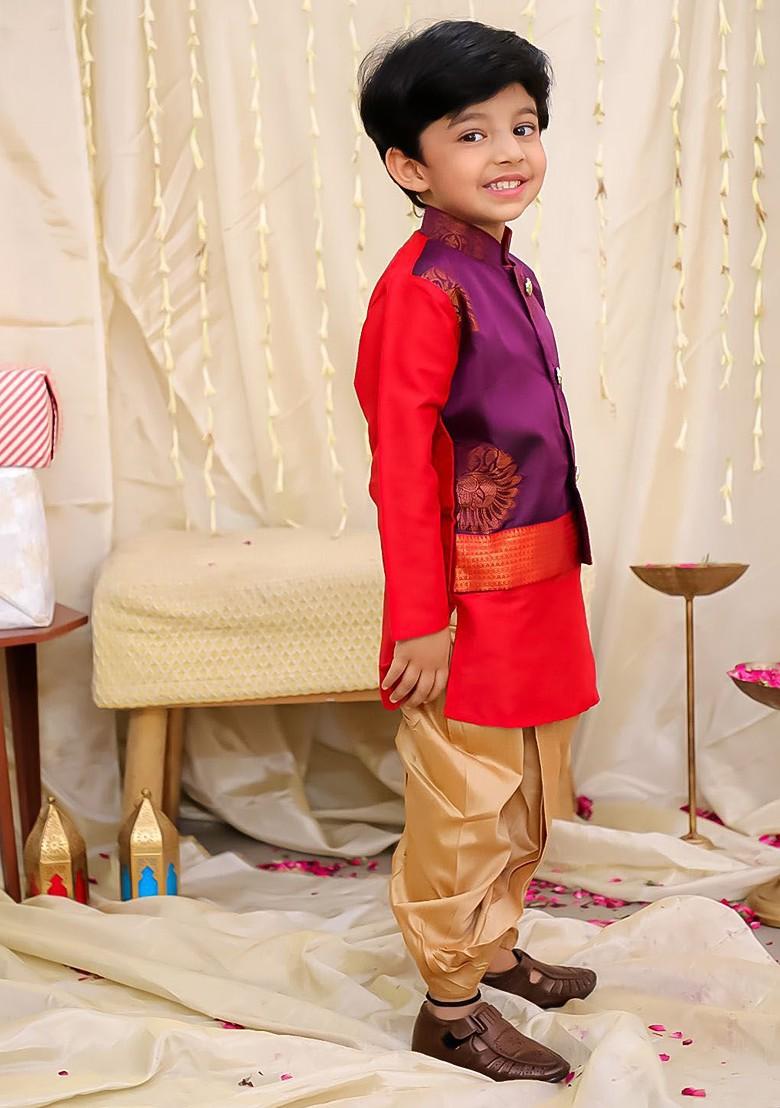 Purple Embroidered Blended Kurta Dhoti Set For Boys - Indya