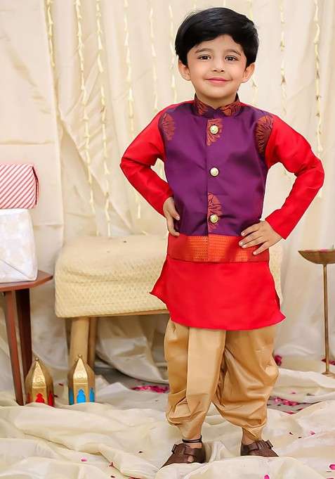Purple Embroidered Blended Kurta Dhoti Set For Boys