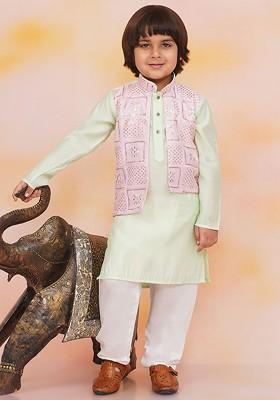 Green Embroidered Blended Kurta Set For Boys
