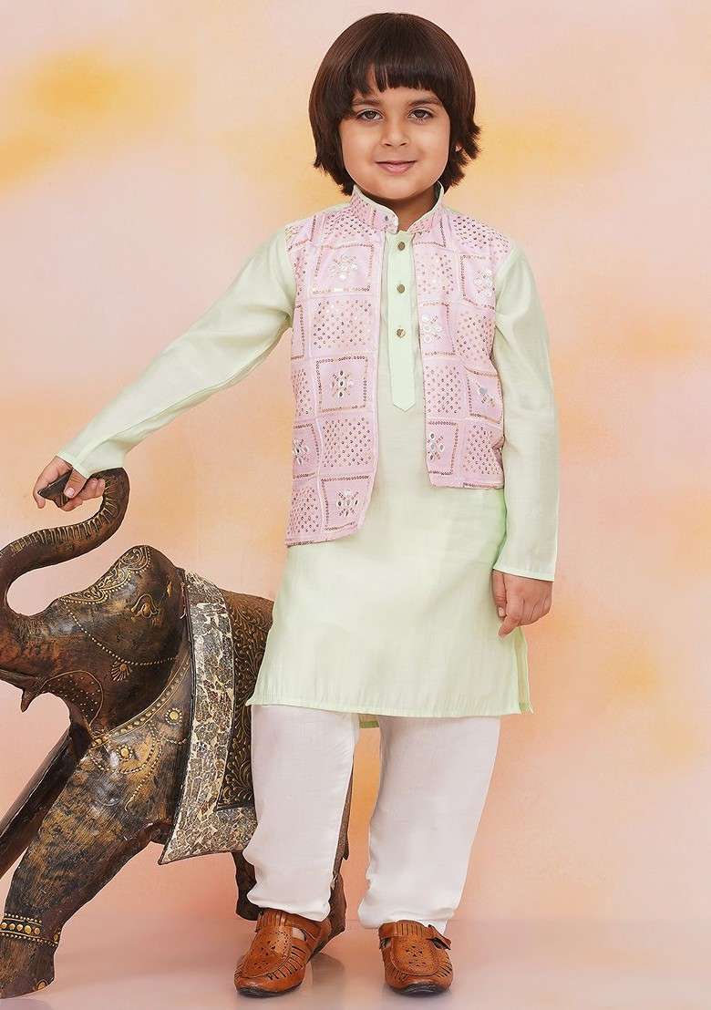 Green Embroidered Blended Kurta Set For Boys - Indya