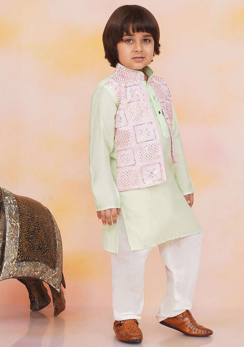 Green Embroidered Blended Kurta Set For Boys - Indya