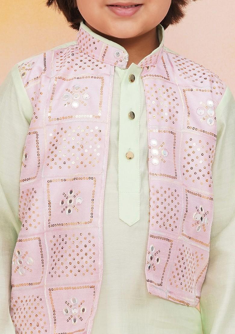 Green Embroidered Blended Kurta Set For Boys - Indya