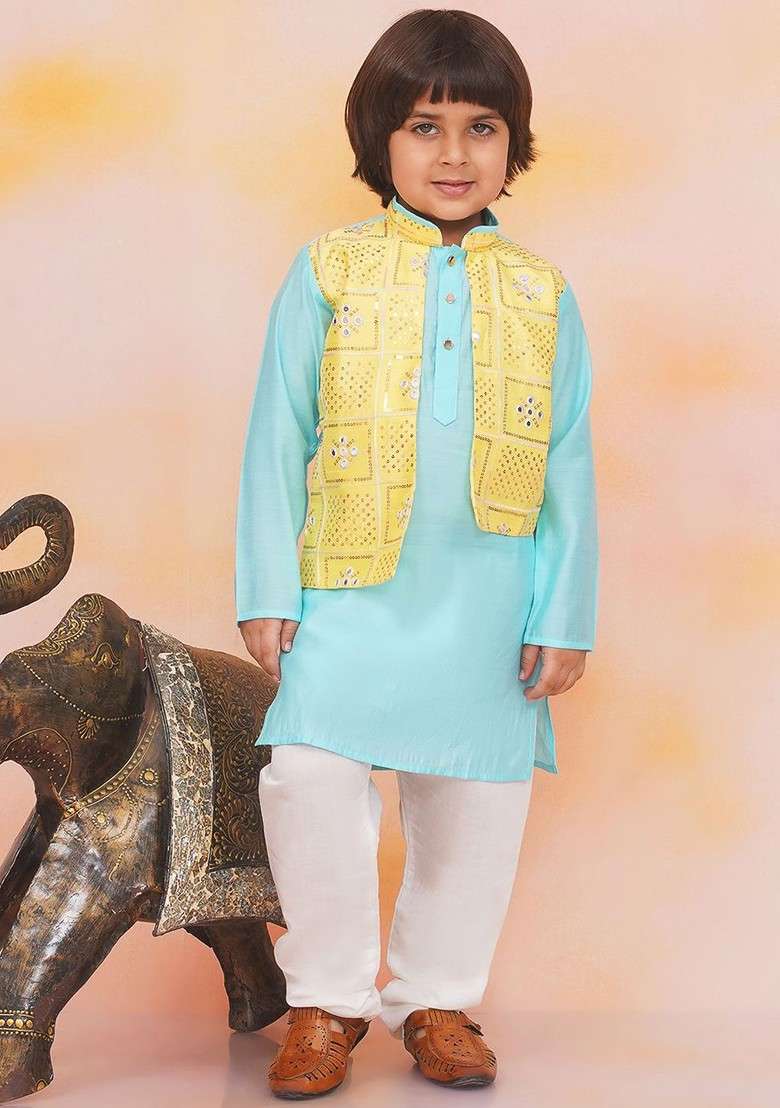 Blue Embroidered Blended Kurta Set For Boys - Indya