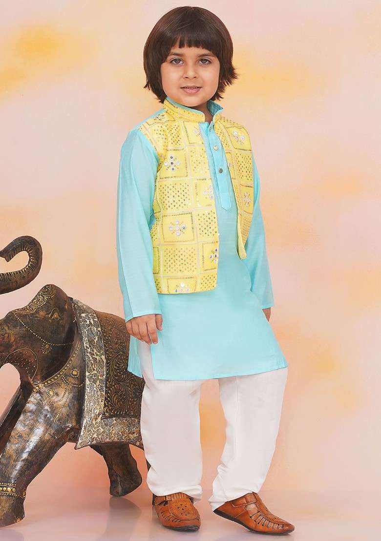 Blue Embroidered Blended Kurta Set For Boys - Indya