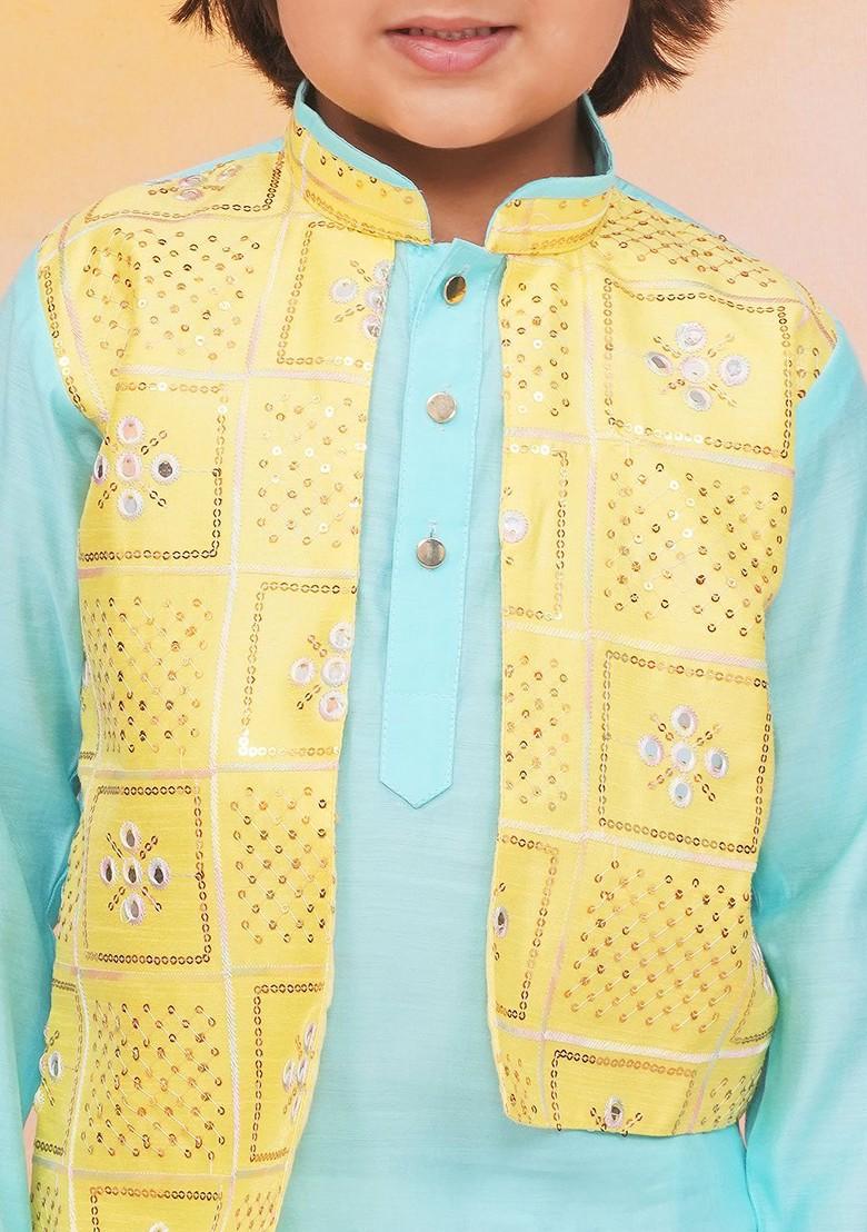 Blue Embroidered Blended Kurta Set For Boys - Indya