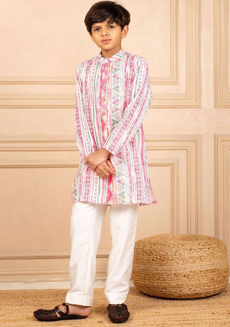 Pink Printed Blended Kurta Set For Boys - Indya