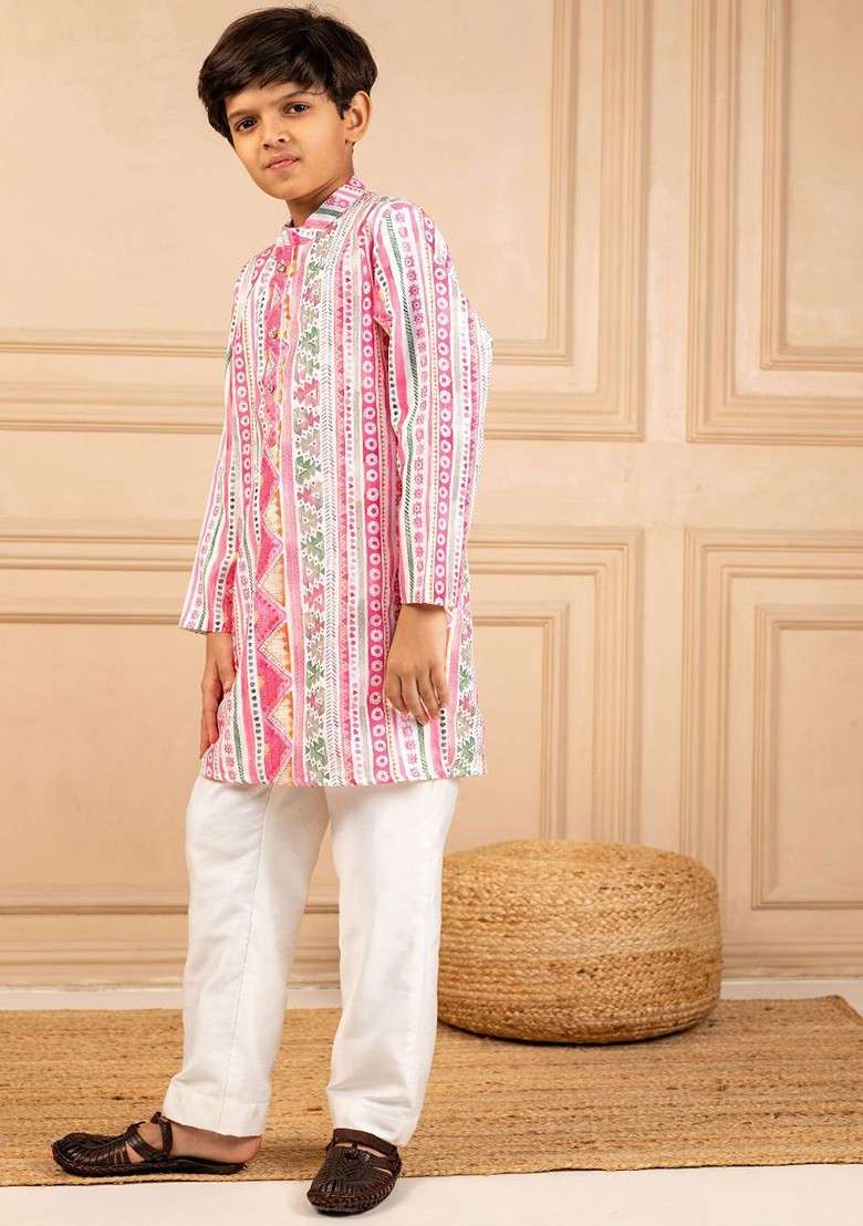 Pink Printed Blended Kurta Set For Boys - Indya