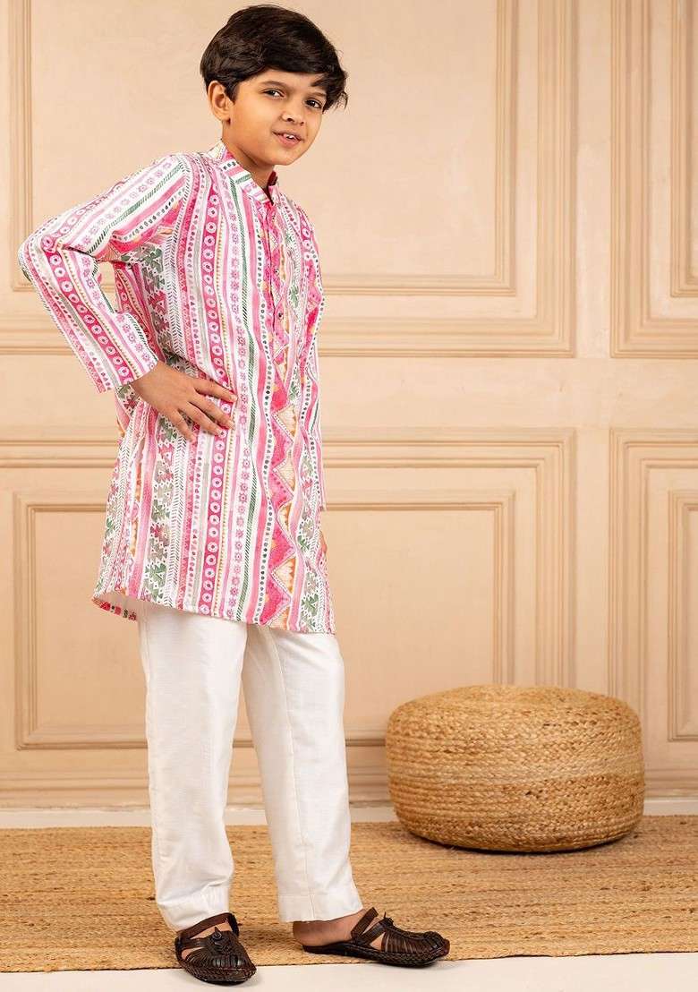 Pink Printed Blended Kurta Set For Boys - Indya