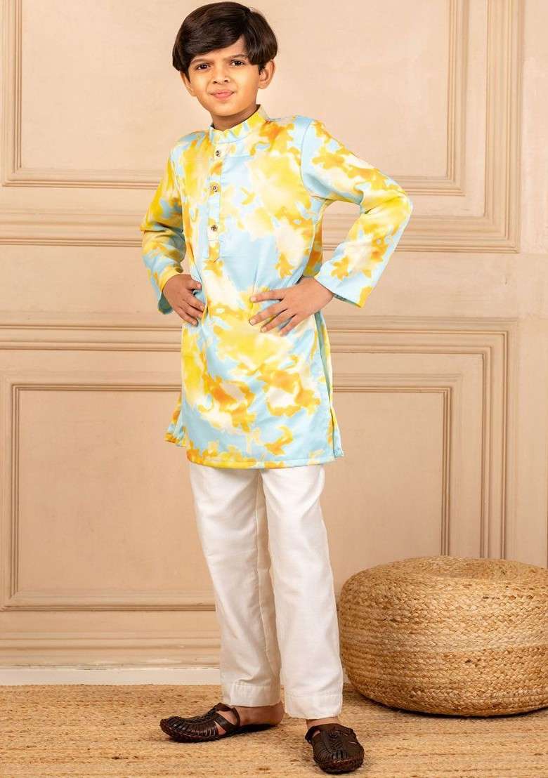 Blue Printed Blended Kurta Set For Boys - Indya