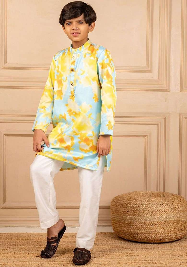 Blue Printed Blended Kurta Set For Boys - Indya