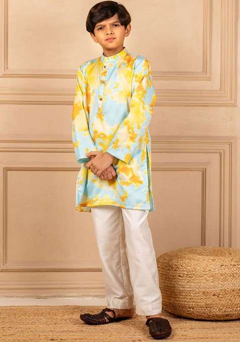 Blue Printed Blended Kurta Set For Boys