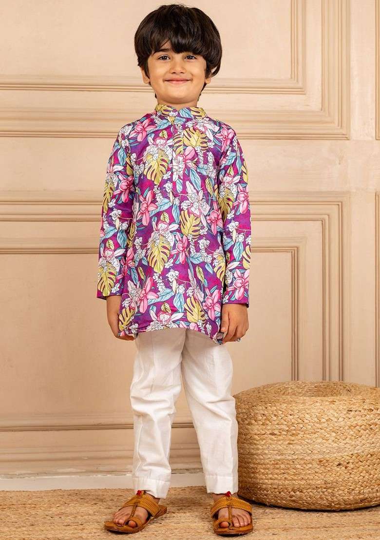 Purple Printed Blended Kurta Set For Boys - Indya