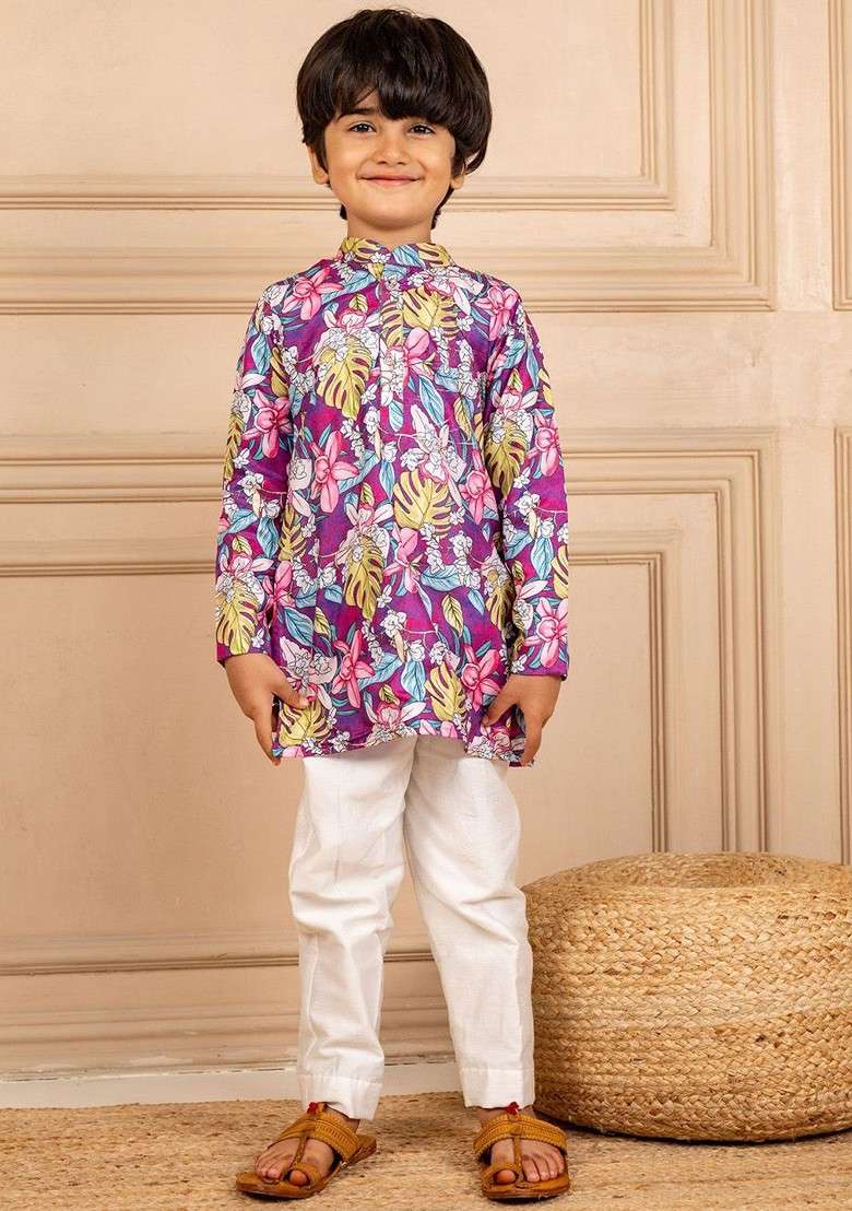 Purple Printed Blended Kurta Set For Boys - Indya
