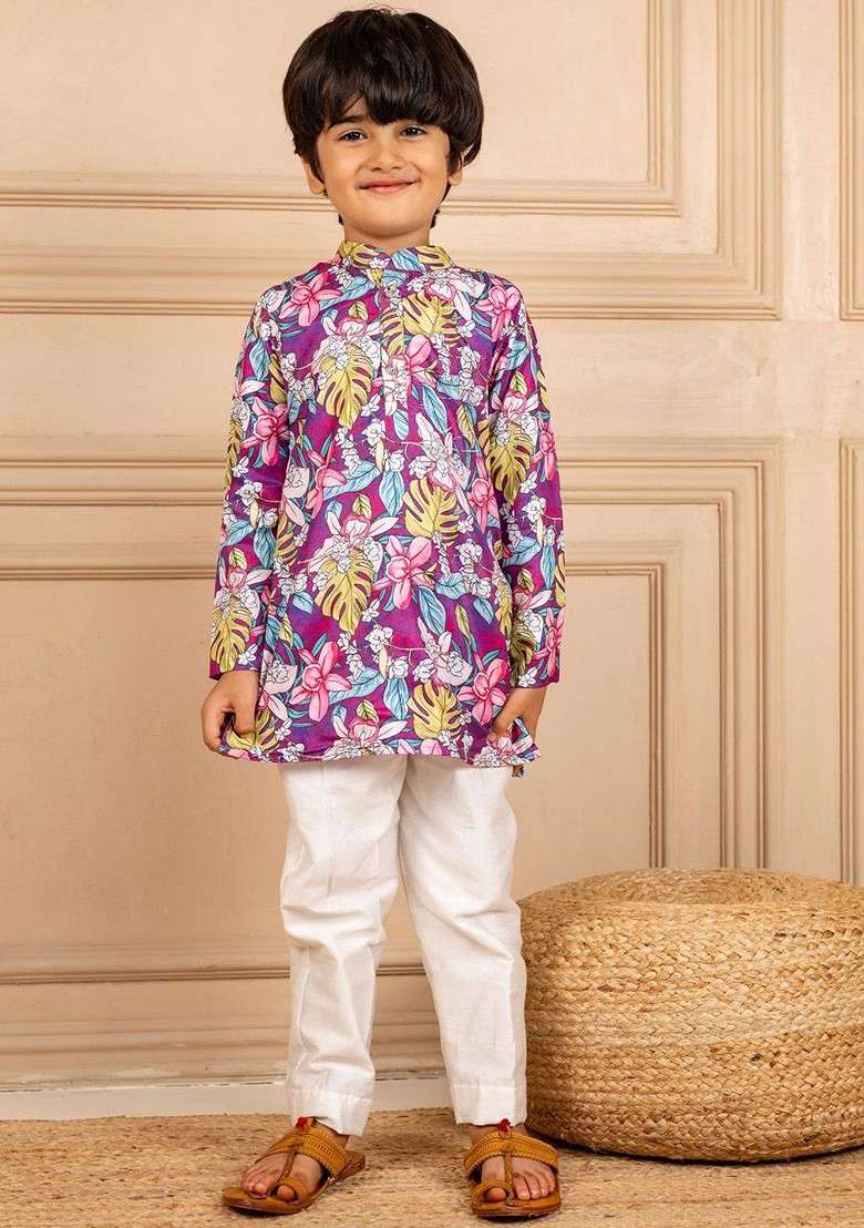 Purple Printed Blended Kurta Set For Boys - Indya