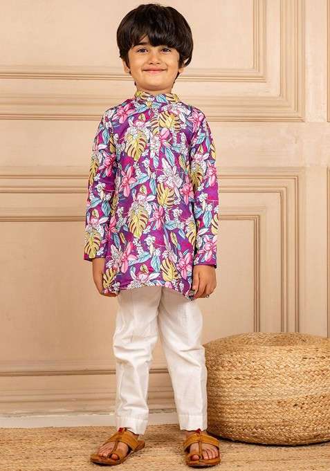 Purple Printed Blended Kurta Set For Boys