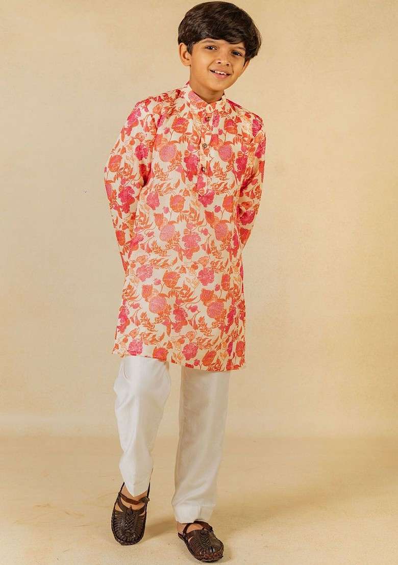 Peach Printed Blended Kurta Set For Boys - Indya