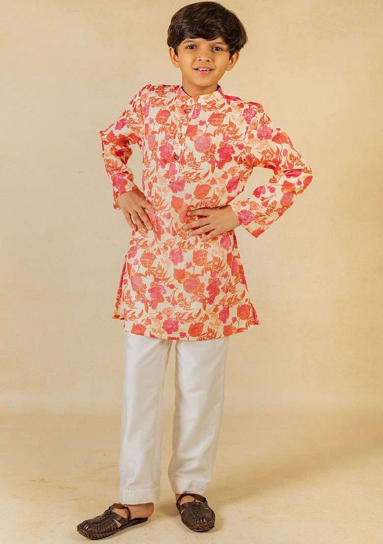 Peach Printed Blended Kurta Set For Boys - Indya