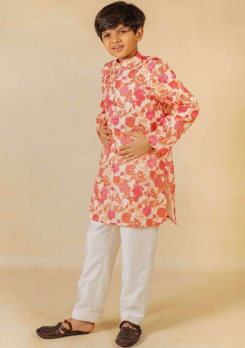 Peach Printed Blended Kurta Set For Boys - Indya