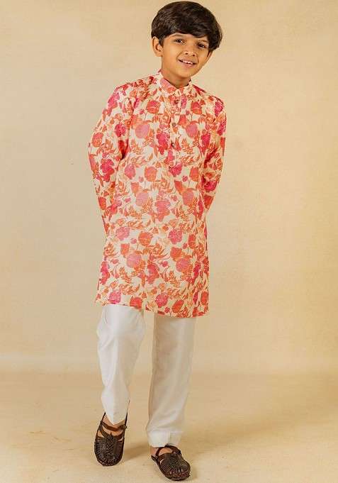 Peach Printed Blended Kurta Set For Boys