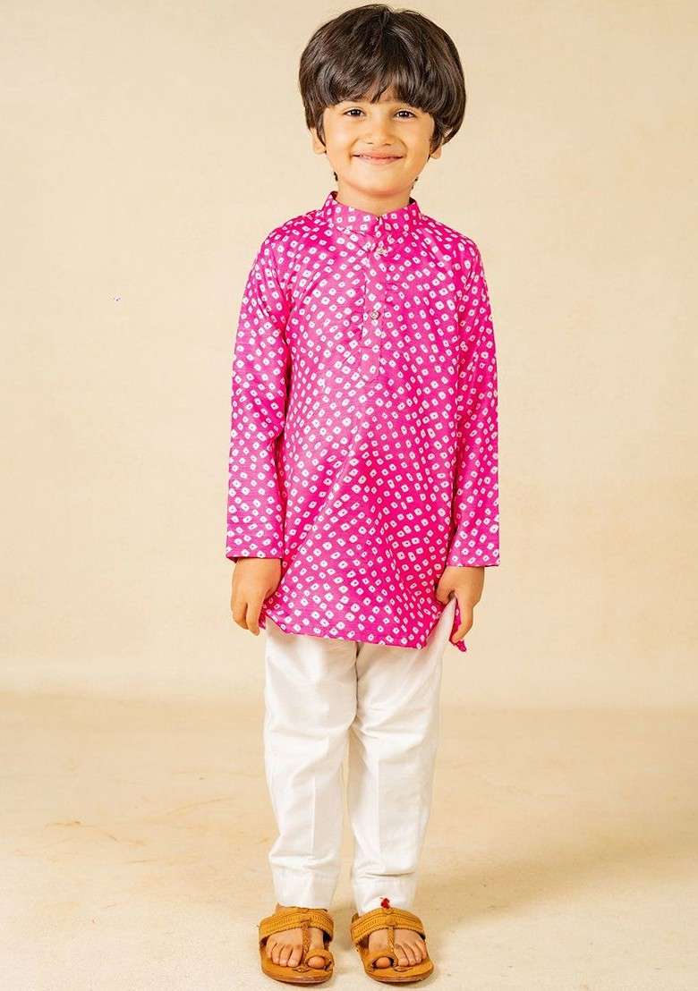 Pink Printed Blended Kurta Set For Boys - Indya