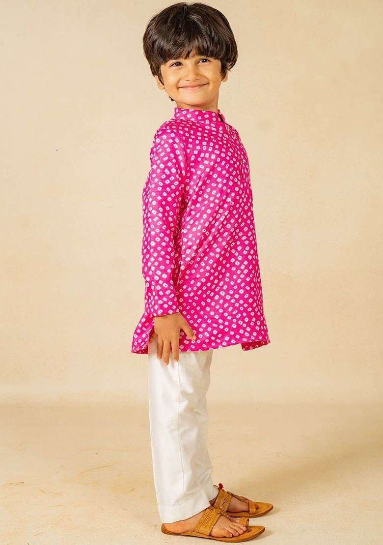Pink Printed Blended Kurta Set For Boys - Indya