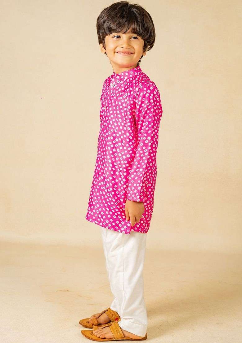 Pink Printed Blended Kurta Set For Boys - Indya