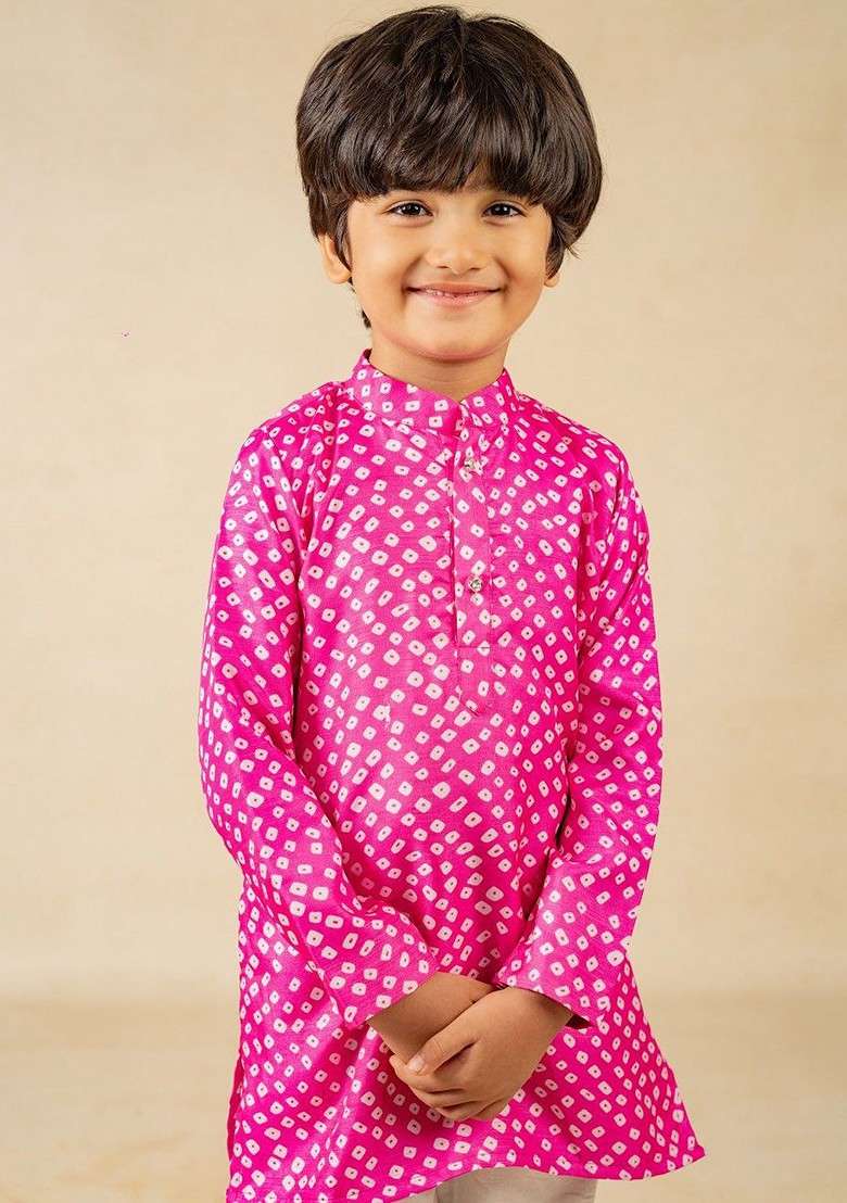 Pink Printed Blended Kurta Set For Boys - Indya