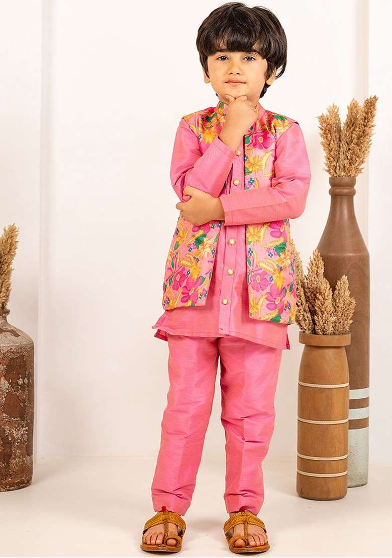 Pink Embroidered Blended Kurta Set For Boys - Indya