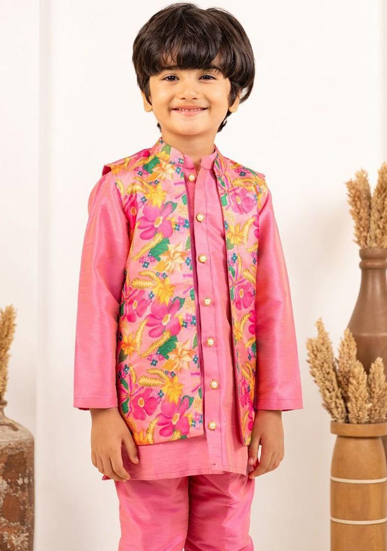 Pink Embroidered Blended Kurta Set For Boys - Indya