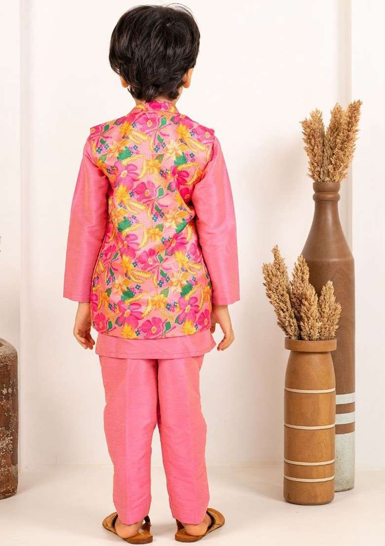 Pink Embroidered Blended Kurta Set For Boys - Indya