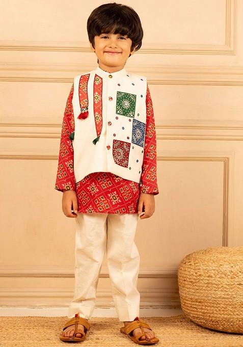 Red Printed Blended Nehru Jacket Set For Boys — view on Indya
