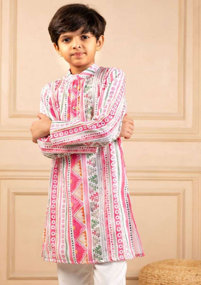 Pink Printed Blended Kurta Set For Boys - Indya