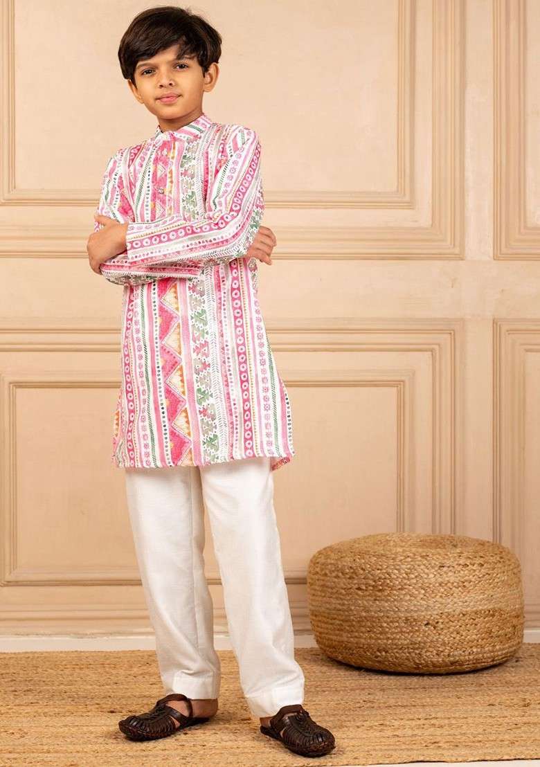 Pink Printed Blended Kurta Set For Boys - Indya