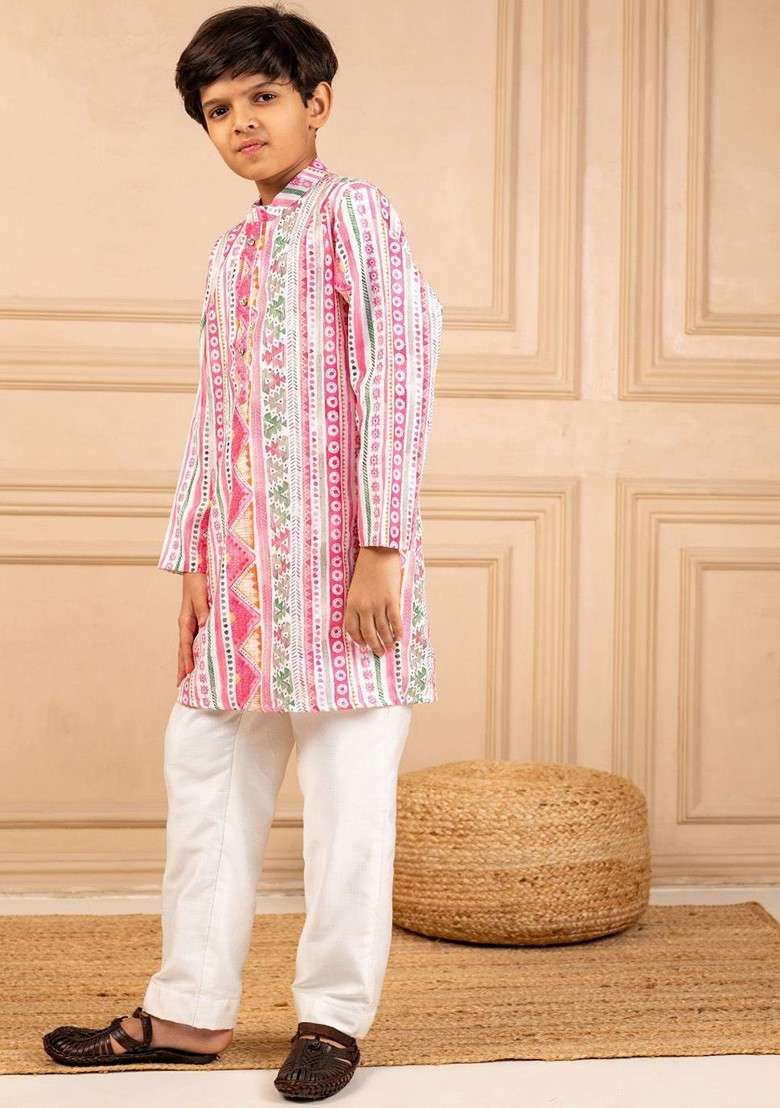 Pink Printed Blended Kurta Set For Boys - Indya
