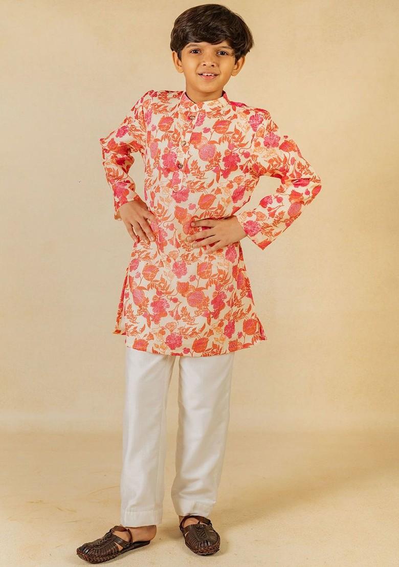 Off White Printed Blended Kurta Set For Boys - Indya