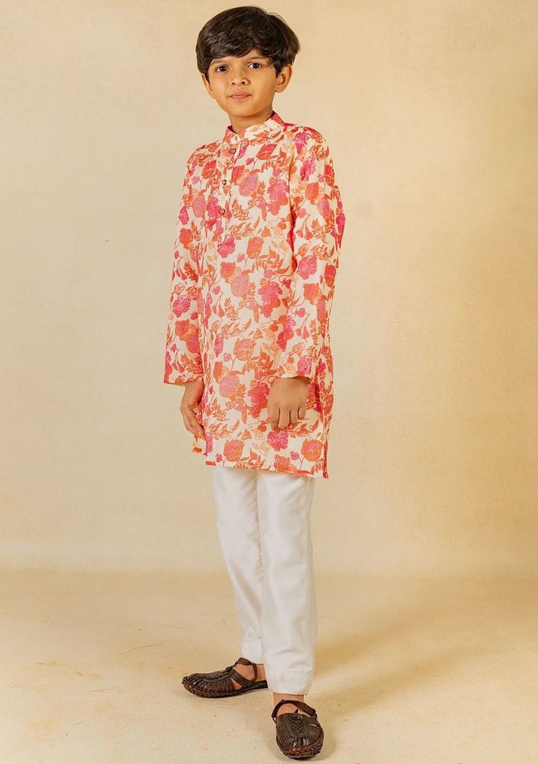 Off White Printed Blended Kurta Set For Boys - Indya