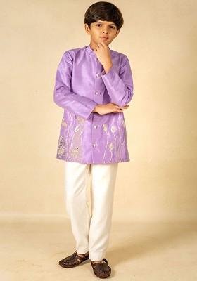 Purple Embroidered Blended Kurta Set For Boys