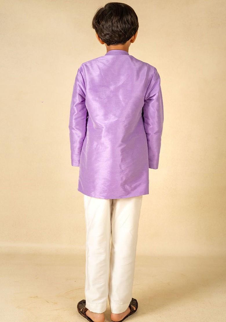 Purple Embroidered Blended Kurta Set For Boys - Indya