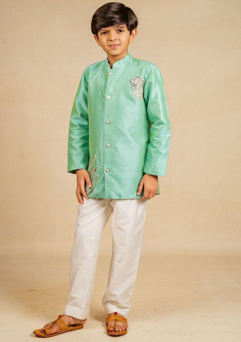 Green Solid Blended Kurta Set For Boys - Indya