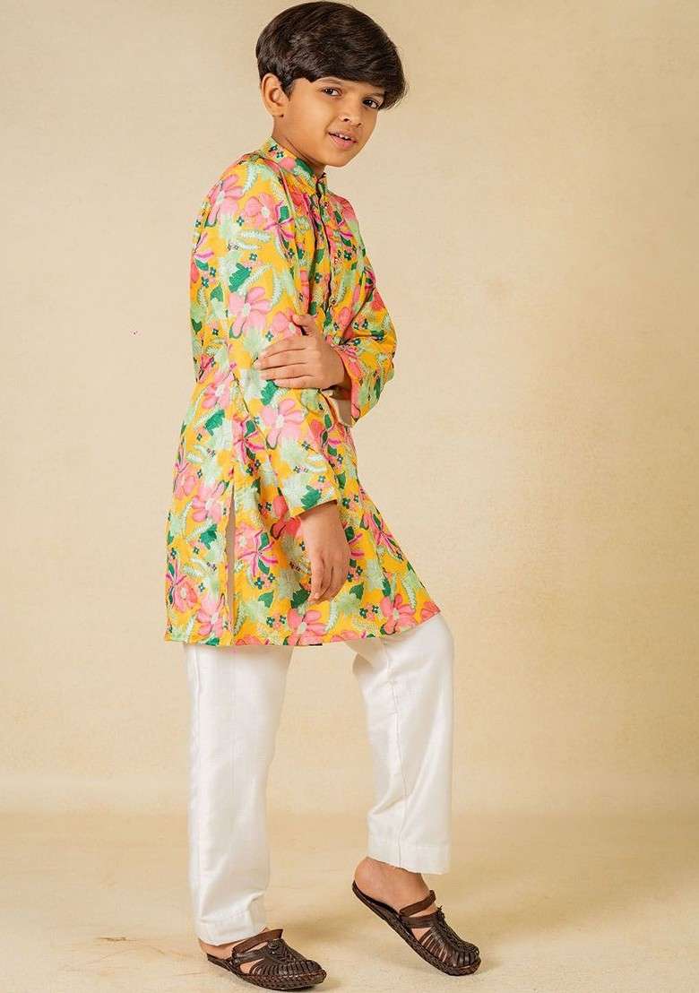 Yellow Printed Blended Kurta Set For Boys - Indya