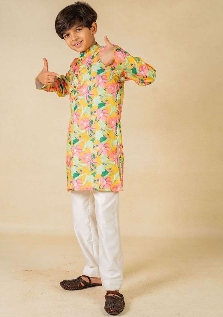 Yellow Printed Blended Kurta Set For Boys - Indya