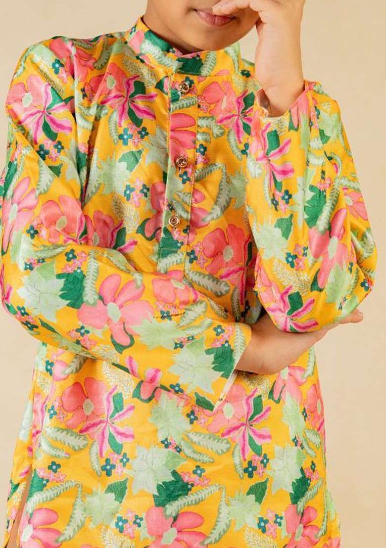 Yellow Printed Blended Kurta Set For Boys - Indya