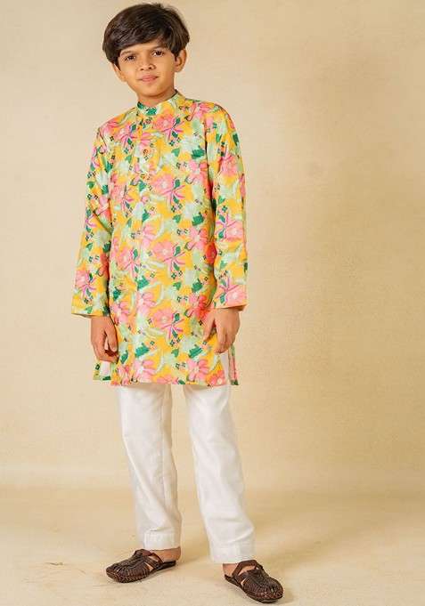 Yellow Printed Blended Kurta Set For Boys